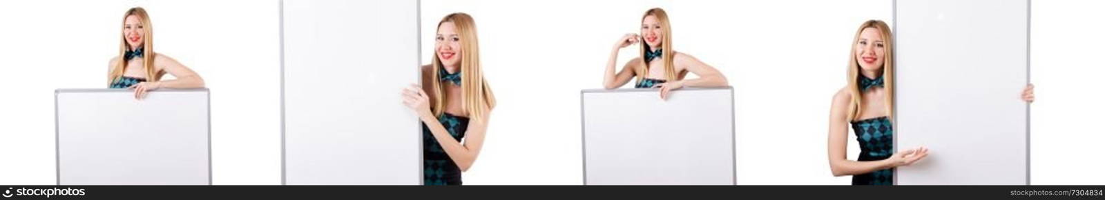 Woman with blank board on white