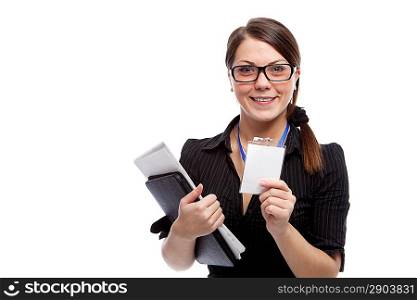 Woman with blank id card. Isolated over white.