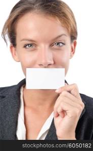 Woman with blank message on white