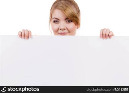 Woman with blank presentation board banner sign. Woman with blank presentation board. Female model showing banner sign billboard copy space for text. Advertisement concept.