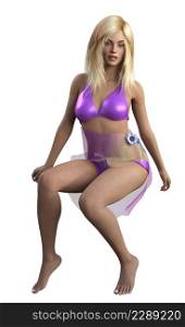 Woman with blond hair wear purple bikini, 3D Illustration.