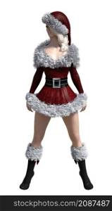 Woman with blond hair wear red Christmas dress with white fur, 3D Illustration.
