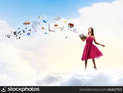 Woman with book. Young woman in rd dress reading book