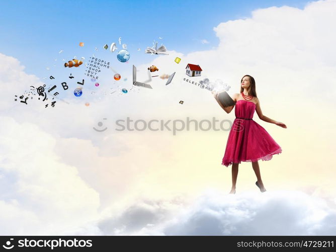 Woman with book. Young woman in rd dress reading book