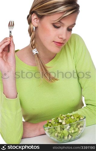 Woman with bowl of kiwi on white background