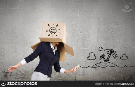 Woman with box. Businesswoman in suit wearing carton box on head