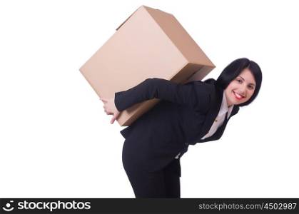 Woman with box on white