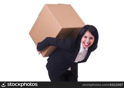 Woman with box on white
