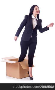 Woman with boxes on white