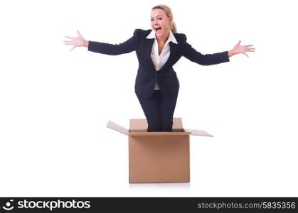 Woman with boxes on white