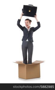 Woman with boxes on white