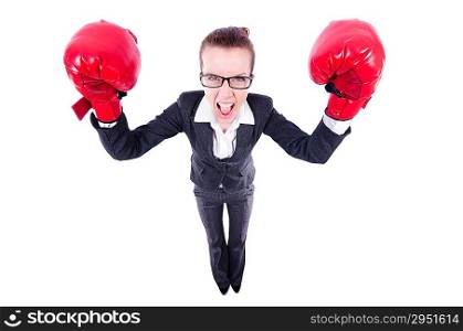 Woman with boxing gloves on white