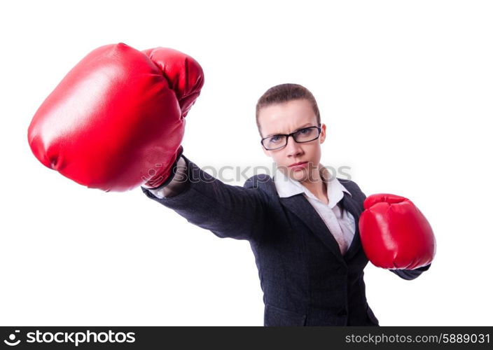 Woman with boxing gloves on white