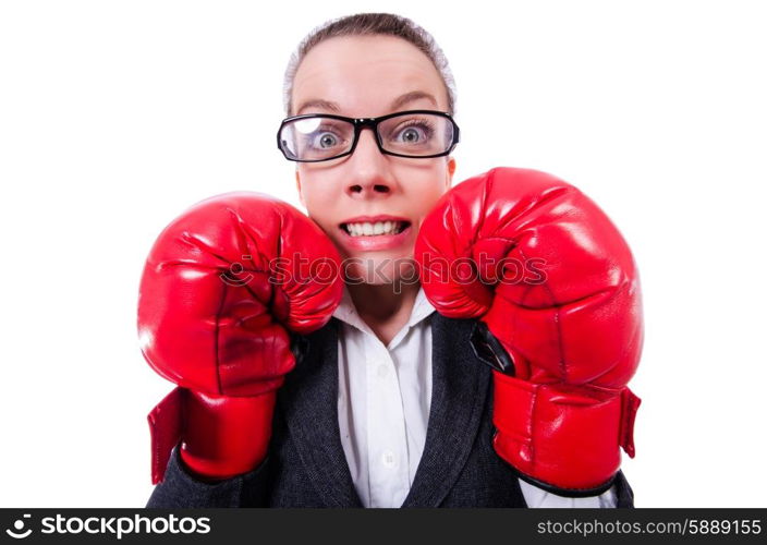 Woman with boxing gloves on white