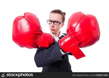 Woman with boxing gloves on white