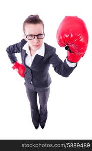 Woman with boxing gloves on white