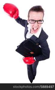 Woman with boxing gloves on white