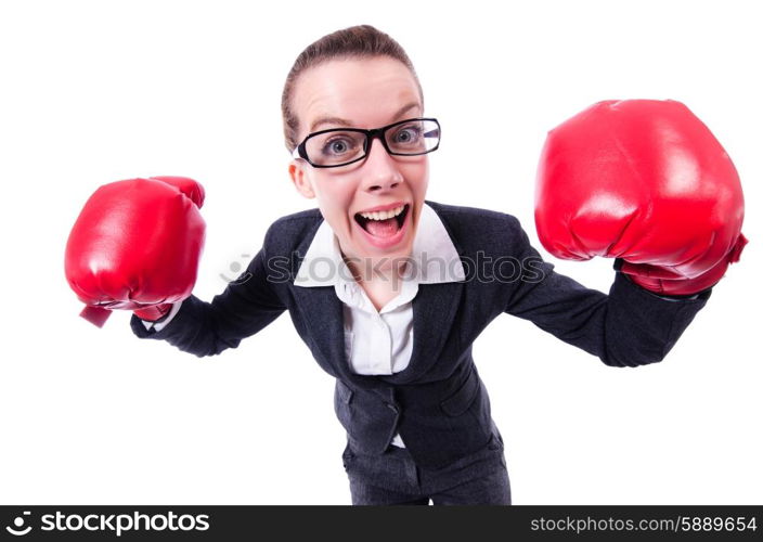 Woman with boxing gloves on white