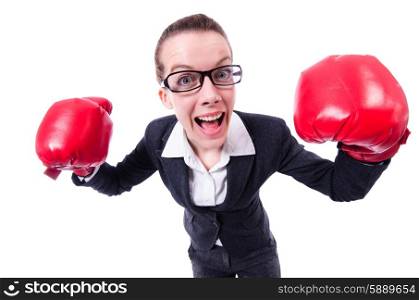 Woman with boxing gloves on white