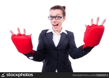 Woman with boxing gloves on white