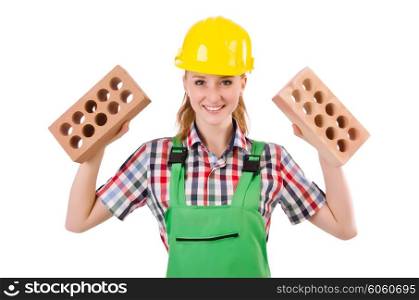 Woman with bricks isolated on white