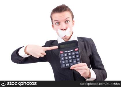Woman with calculator in fraud concept isolated on white