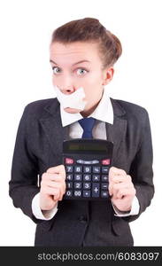 Woman with calculator in fraud concept isolated on white