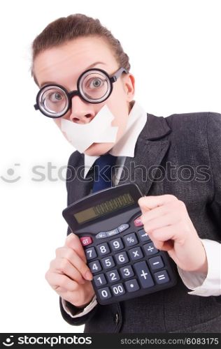 Woman with calculator in fraud concept isolated on white