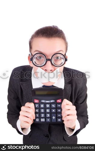 Woman with calculator in fraud concept isolated on white