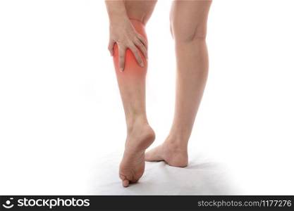 Woman with calf feeling pain on white background, women suffering from pain in the leg