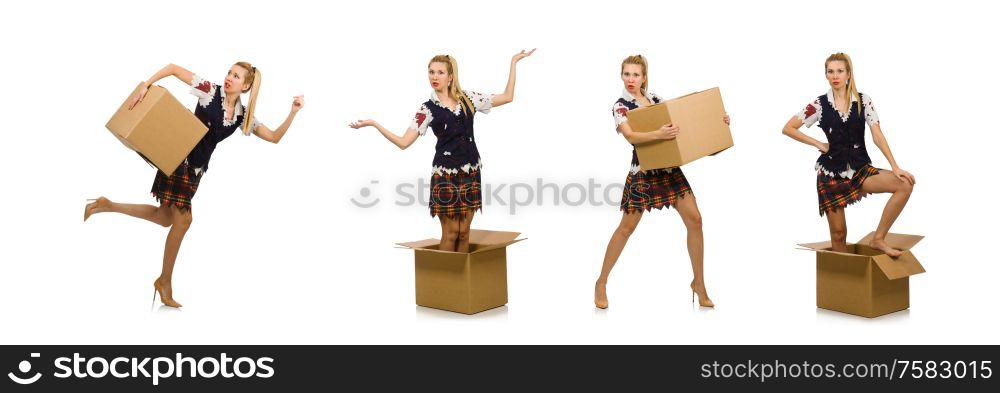 Woman with cardboard box isolated on white. The woman with cardboard box isolated on white