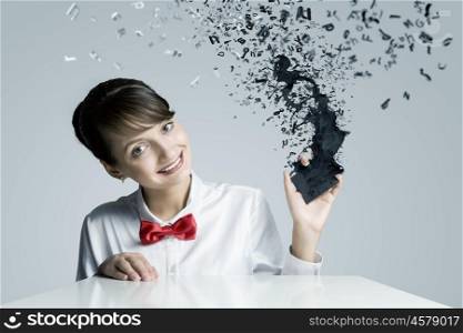 Woman with cellphone. Young woman holding mobile phone with icons