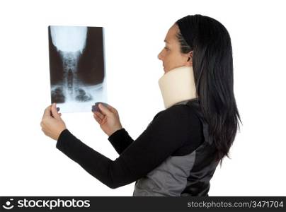 Woman with cervical collar and radiography isolated on white background
