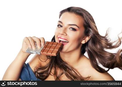 woman with chocolate in hand on white background