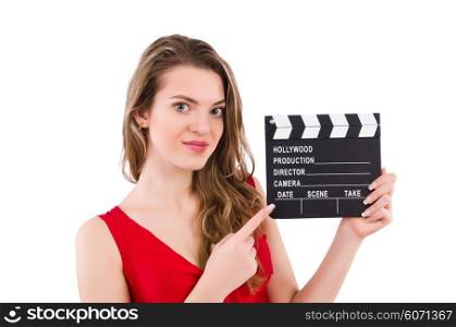 Woman with clapperboard isolated on white