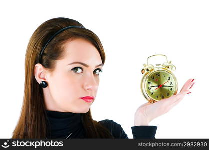 Woman with clock isolated on the white