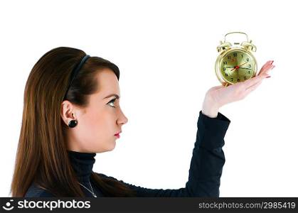 Woman with clock isolated on the white