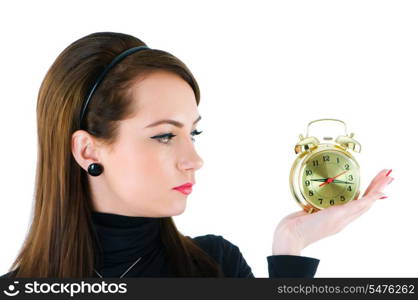 Woman with clock isolated on the white