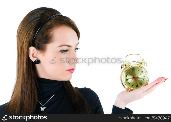 Woman with clock isolated on the white