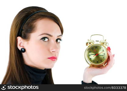 Woman with clock isolated on the white