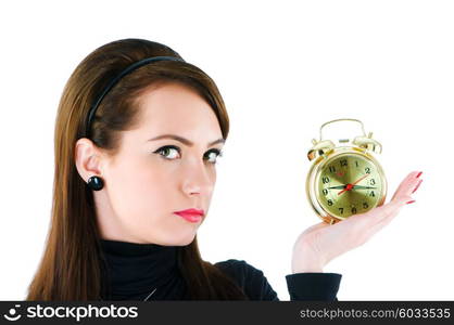 Woman with clock isolated on the white