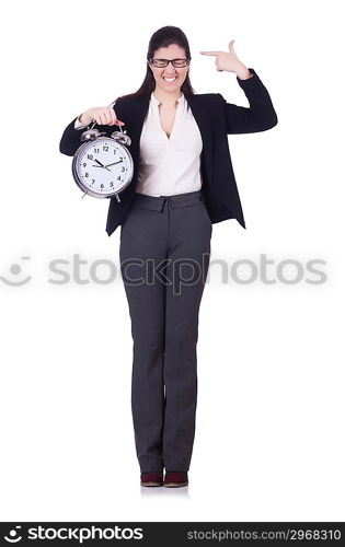 Woman with clock isolated on white