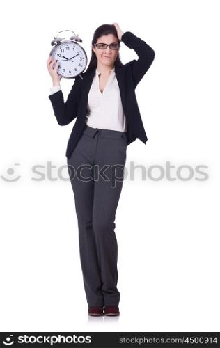 Woman with clock isolated on white