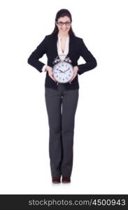 Woman with clock isolated on white