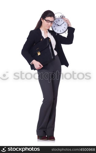 Woman with clock isolated on white