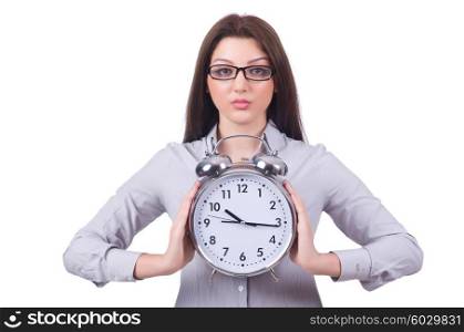Woman with clock isolated on white