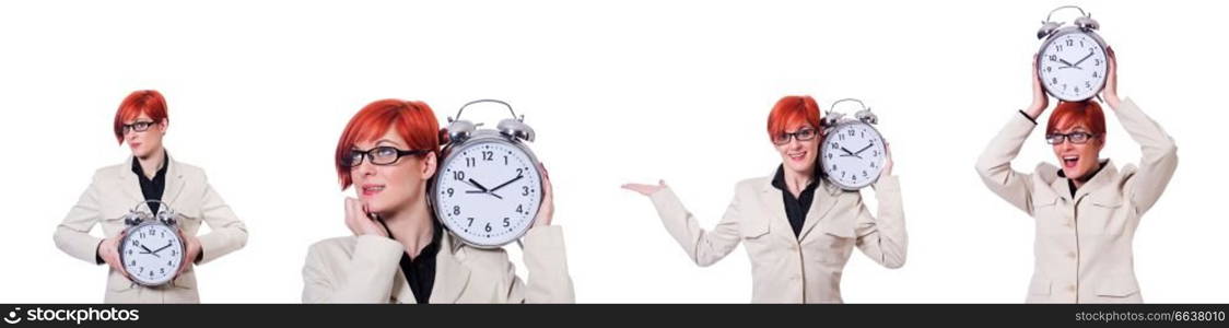 Woman with clock isolated on white