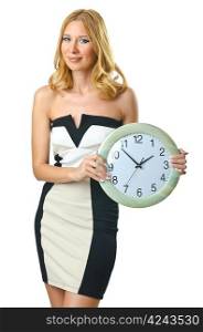 Woman with clock on white