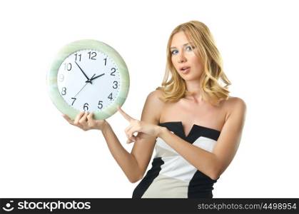 Woman with clock on white