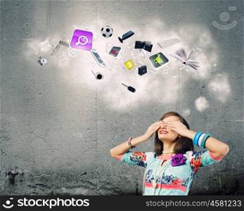 Woman with closed eyes. Young pretty woman hiding eyes behind hands